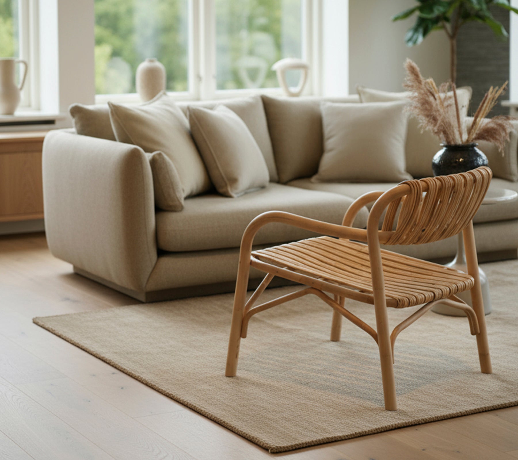 Modern lounge featuring a beige sofa and a woven chair.