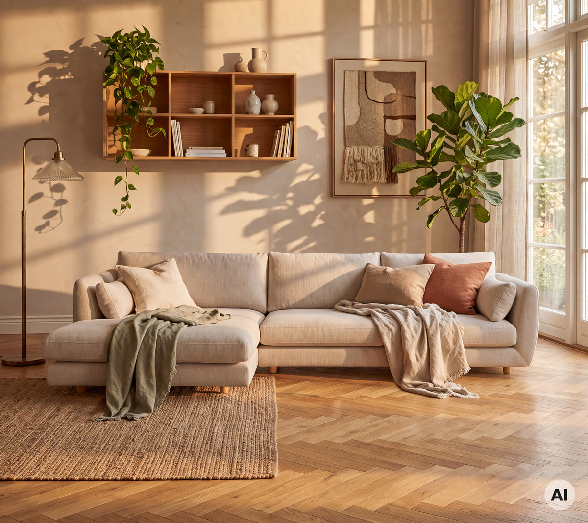 Light grey sofa with green and pink cushions in a modern lounge setting.
