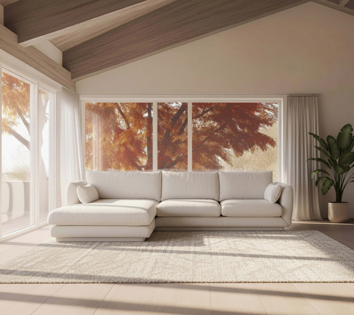 Modern white sofa and beige rug in a minimalist lounge setting.