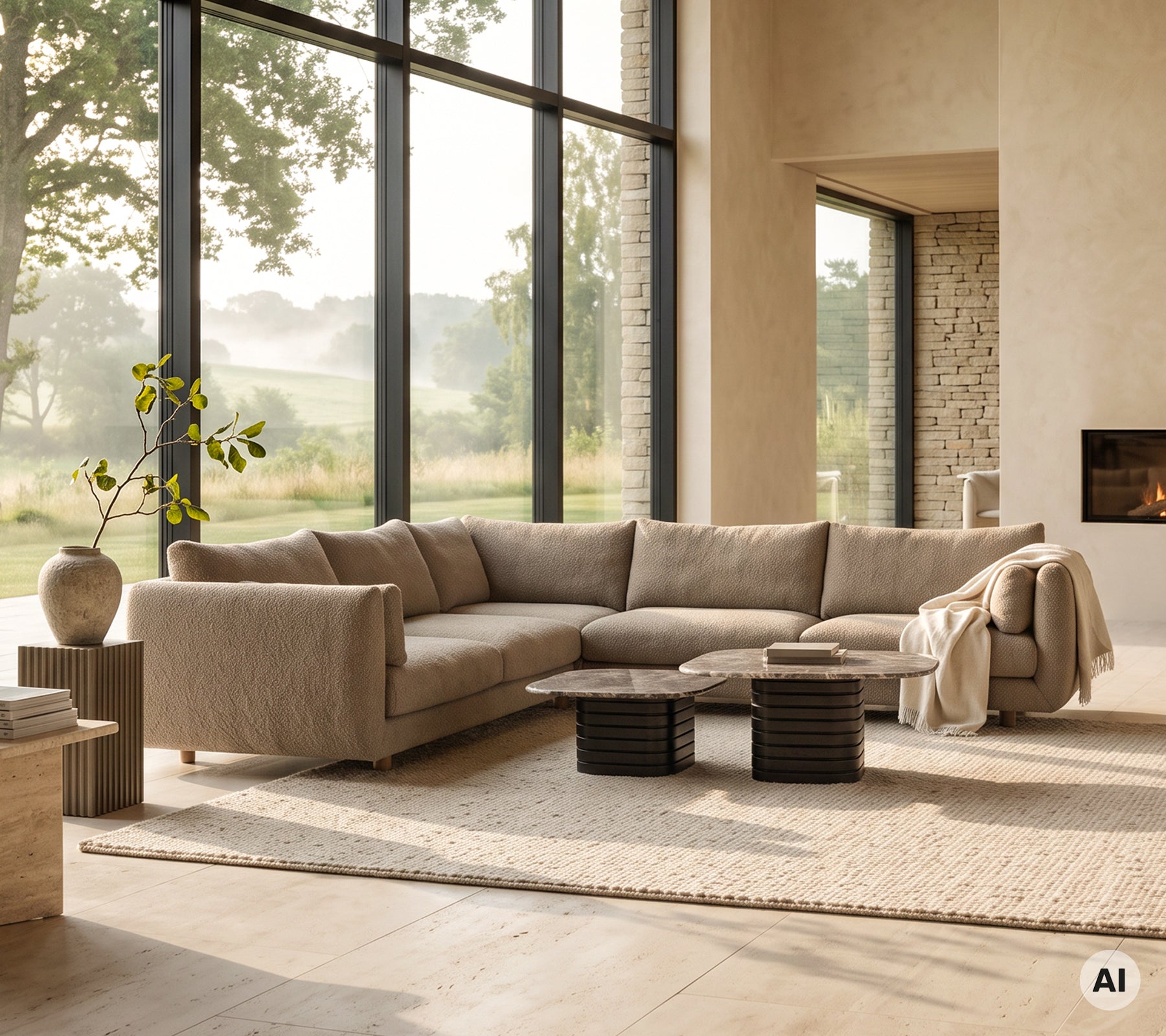 Beige sectional sofa with grey throw, black side tables, and a round vase in a modern lounge setting.