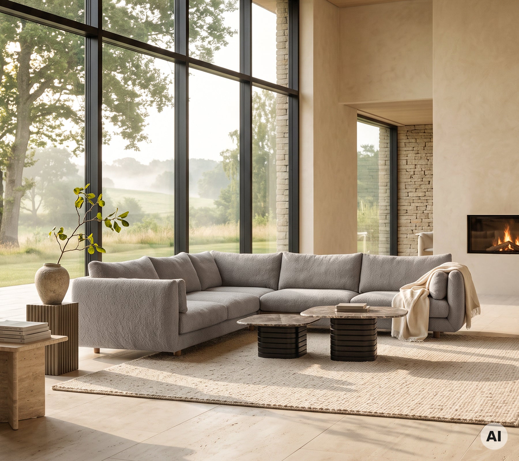 Modern lounge featuring a grey sectional sofa, black coffee table, and beige rug.