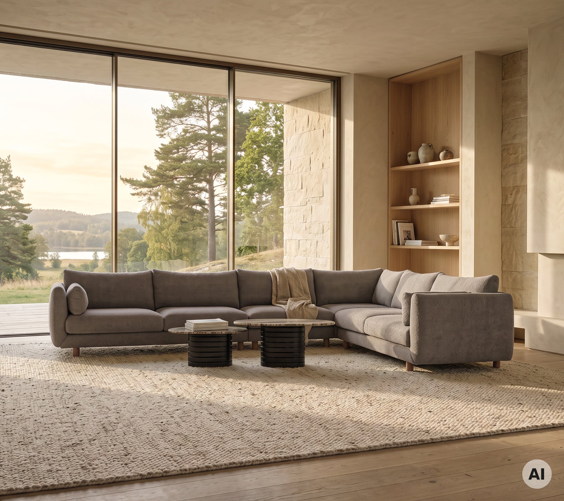 Modern grey sofa paired with black coffee table in a spacious lounge area.