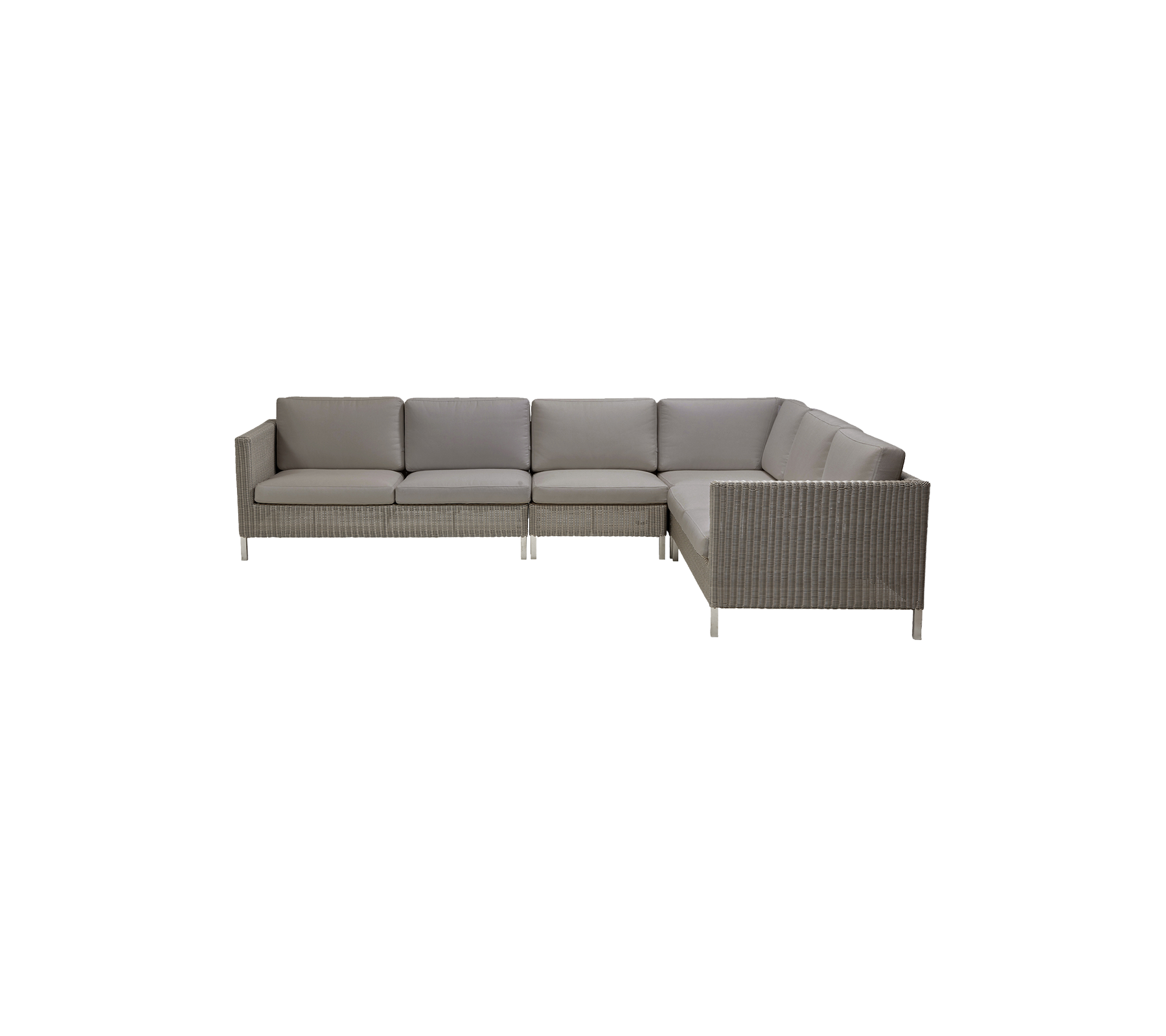 Modern sectional sofa with plush cushions in soft gray upholstery and a woven base, perfect for stylish seating arrangements.