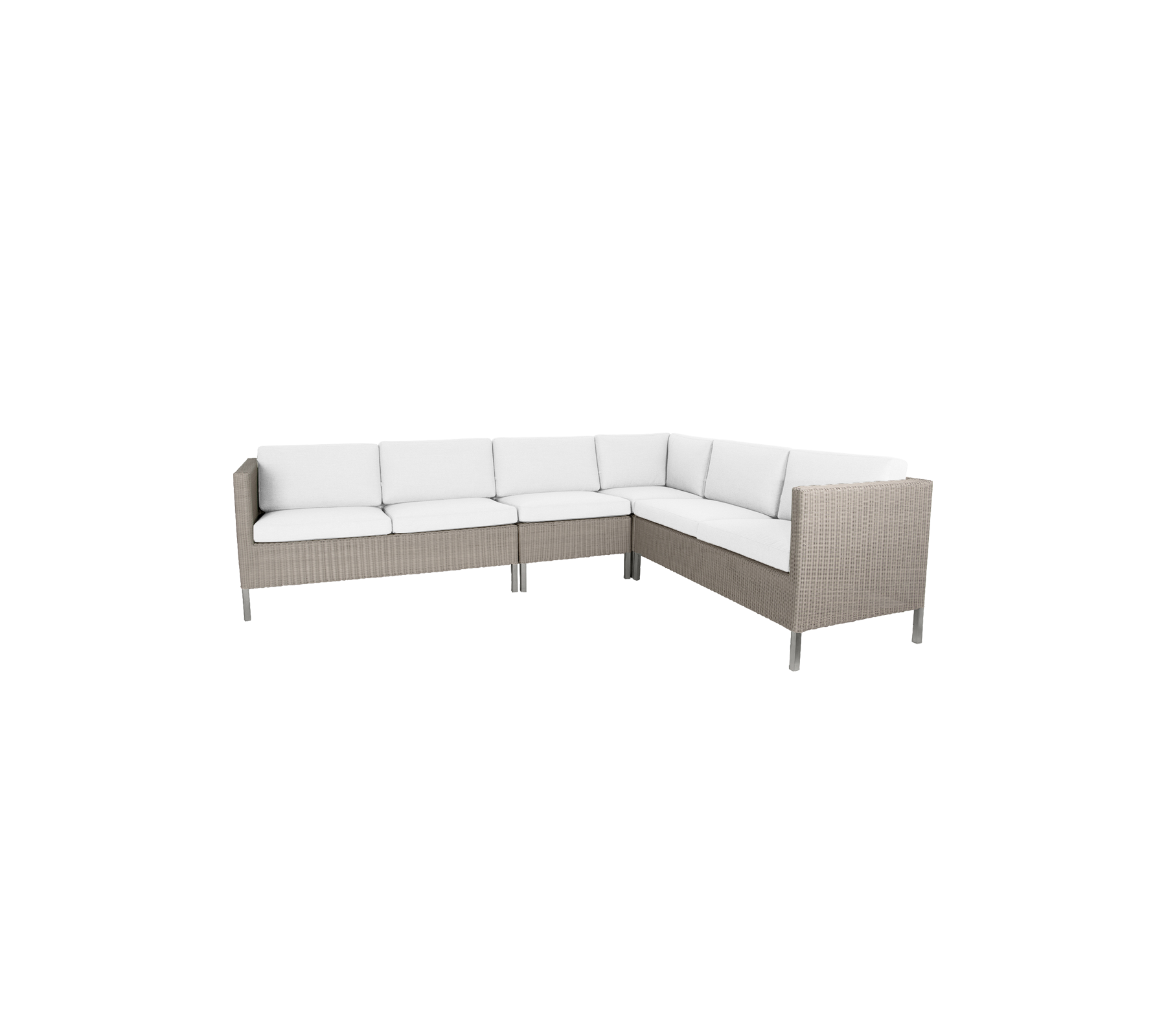 Stylish outdoor corner seating with plush white cushions and a modern wicker design, perfect for gatherings and relaxation.