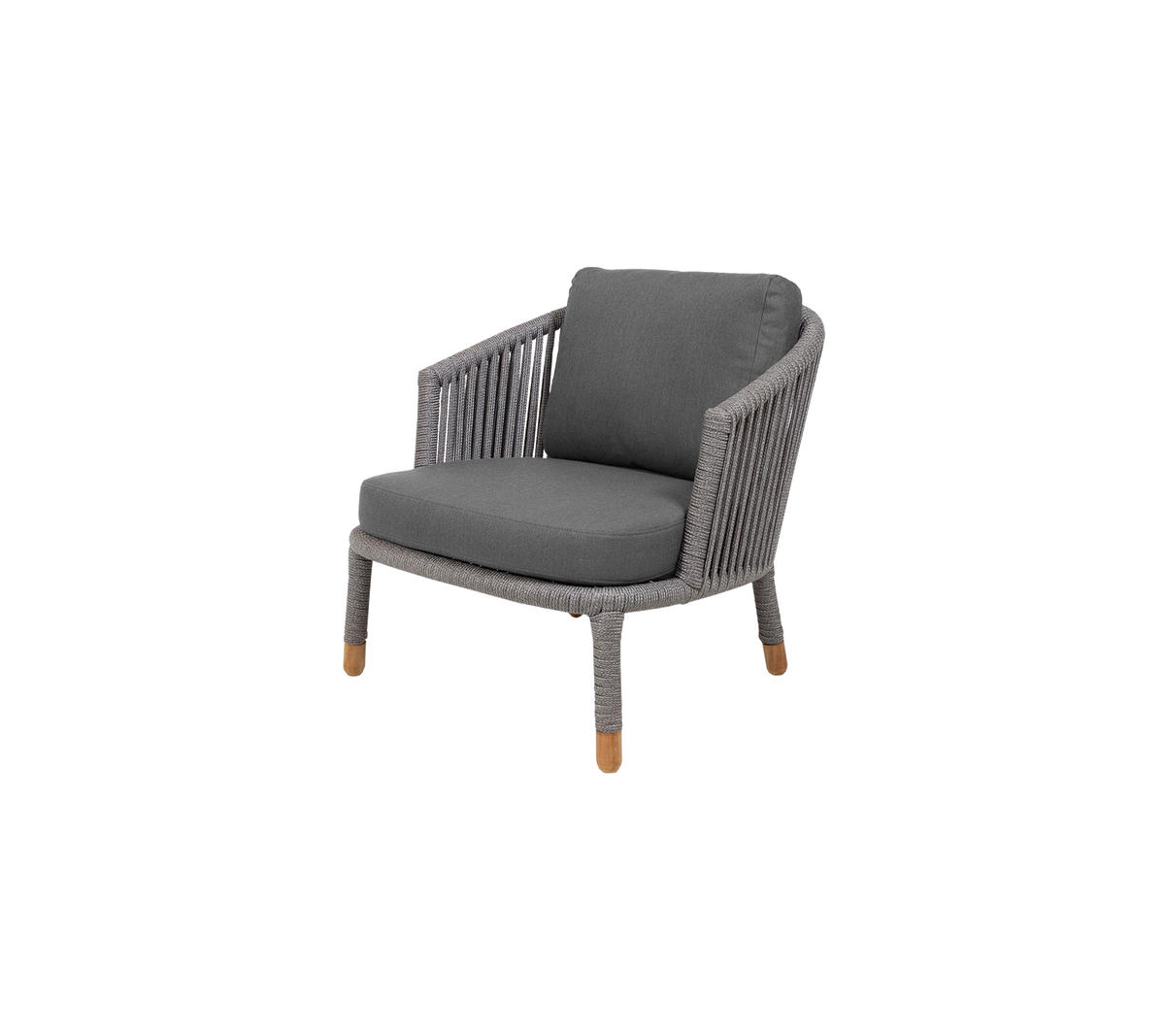 Stylish armchair with a woven design and soft gray cushion, featuring wooden legs for a modern touch.