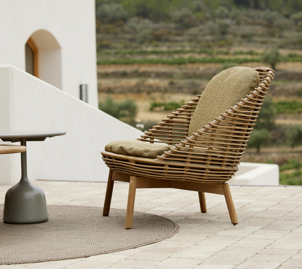 Hive lounge chair featuring comfortable rise cushions, elegantly designed with woven elements and natural wood finishes.