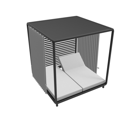 Stylish cabana featuring a modern design with two cushioned loungers and sleek vertical slats for a contemporary look.