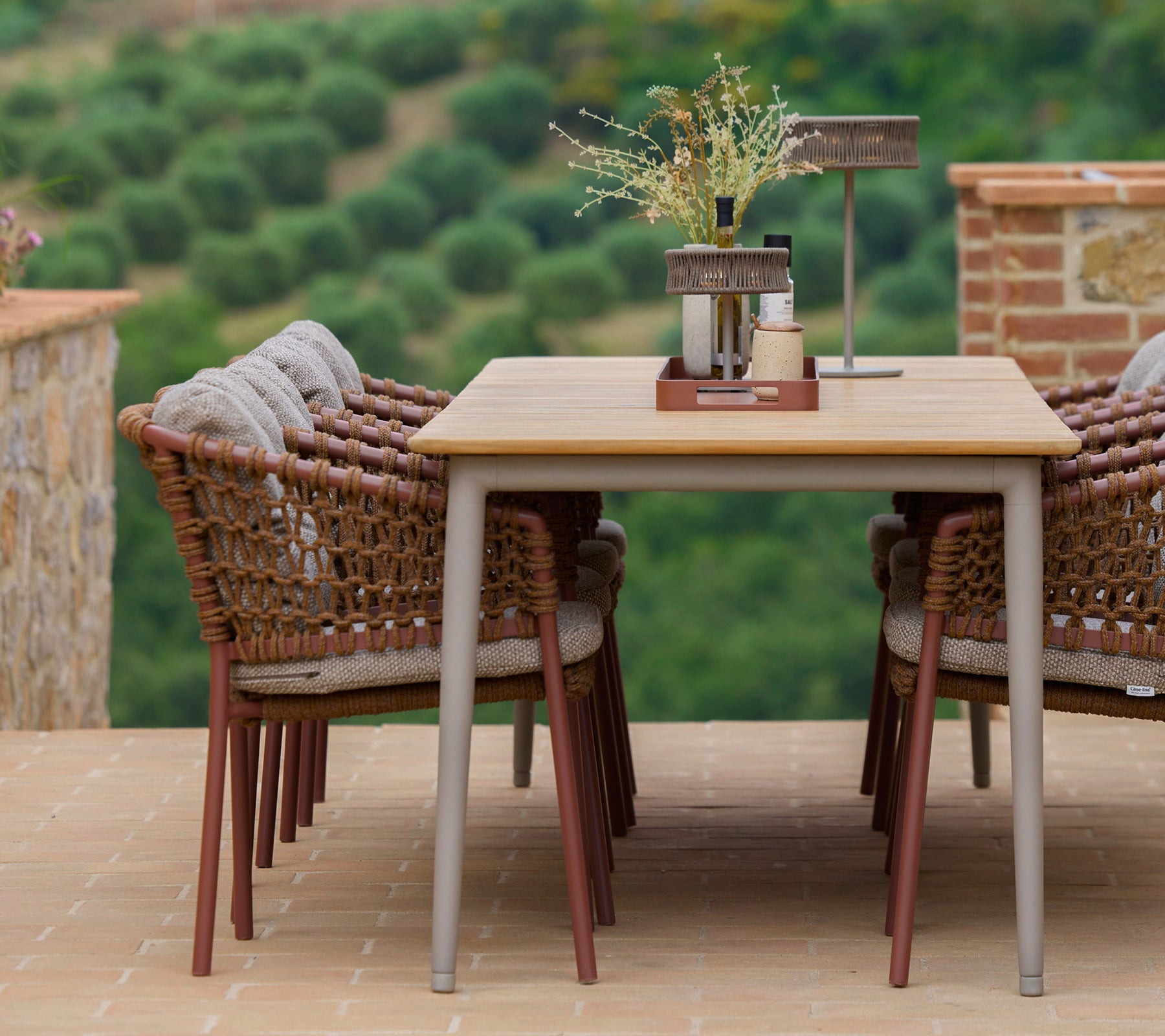 Umber brown dining chairs surrounding a stylish table, accented with a club tray and decorative elements, set against a scenic background.