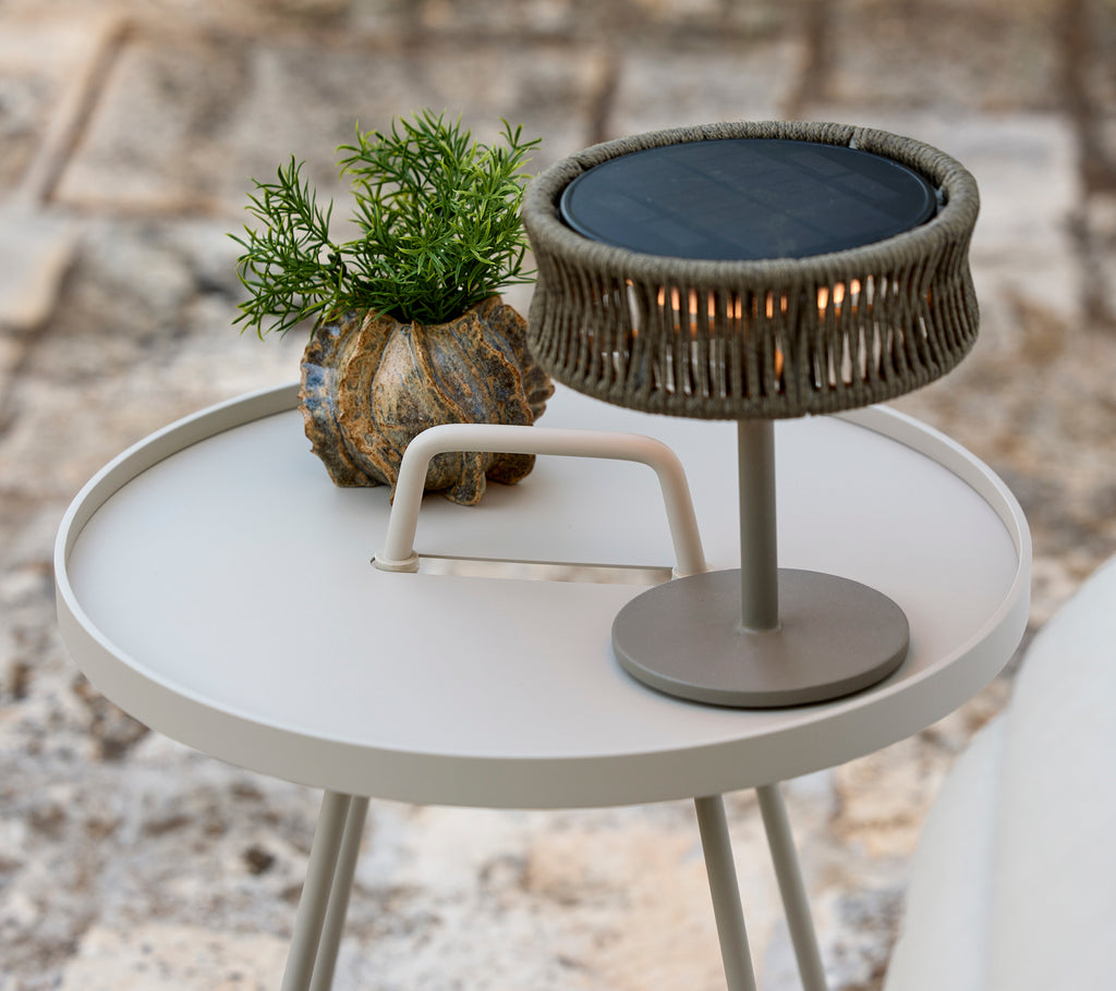 Modern grey side table with a green plant and a stylish table lamp.