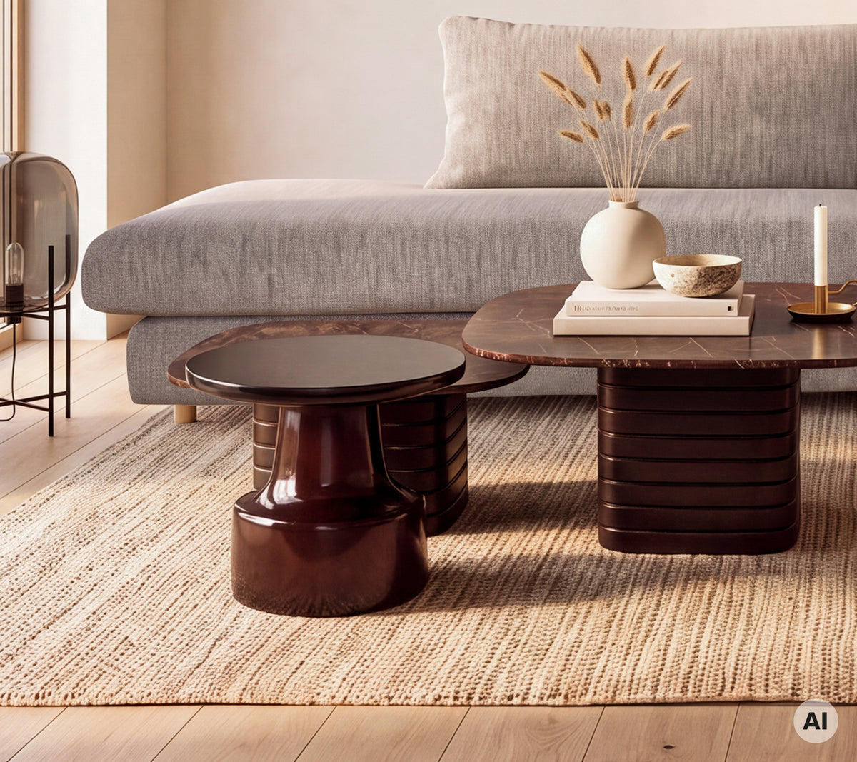 Grey sofa with brown coffee table and black side table in a modern lounge setting.