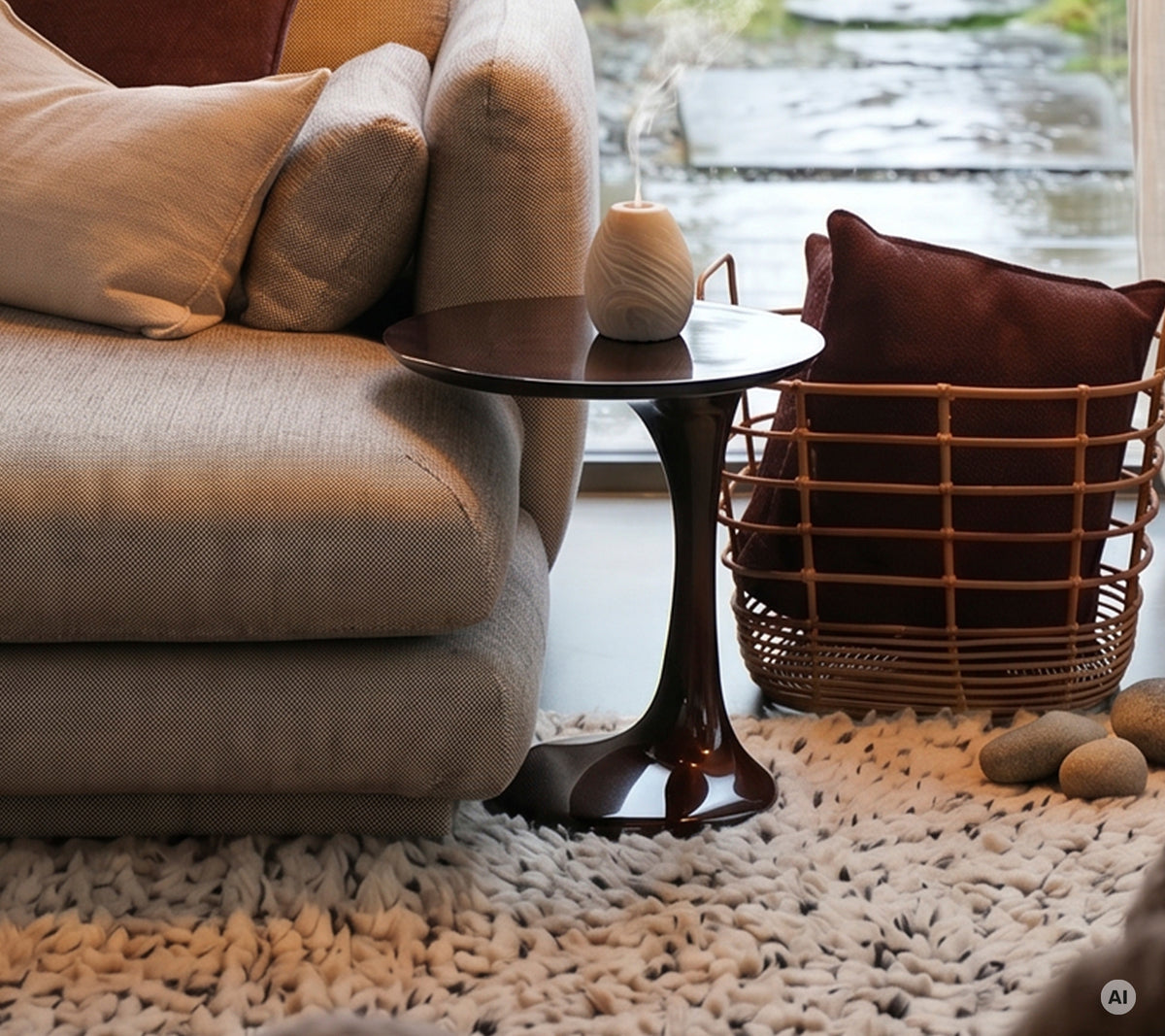 Modern lounge with grey sofa, brown side table, red cushion, and white vase.