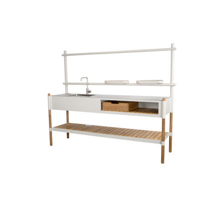 Stylish kitchen unit featuring a sink, storage drawer, and an open shelf, crafted with a combination of white and natural wood finishes.